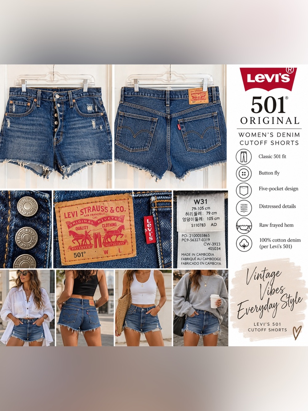 Levi’s 501 Original Women’s Cutoff Denim Shorts W31 Distressed Button Fly